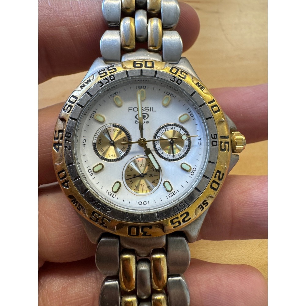 Fossil Blue BQ-8774 Two Tone Chronograph Watch Silver Gold White Dial Compass